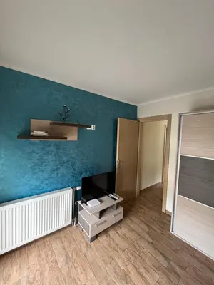 a living room with a tv and a blue wall at Apartmani Radoičić in Jošanička Banja