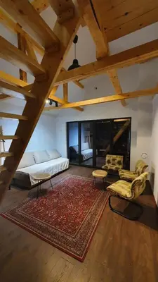 a living room with a bed and a rug at Dom sa pogledom Jela in Jelašnica