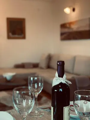 a bottle of wine sitting on a table with wine glasses at Apartmani Vila Goč in Goč