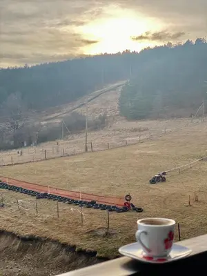 a cup of coffee sitting on a table next to a field at Apartmani Vila Goč in Goč
