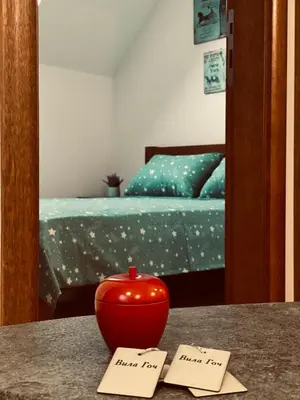 a red vase sitting on a table in a bedroom at Apartmani Vila Goč in Goč