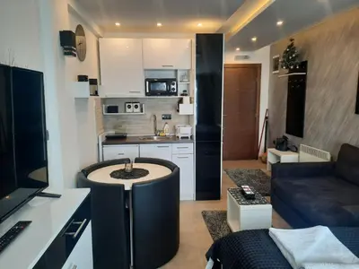 a kitchen and a living room with a couch and a table at Milmari P79 in Kopaonik
