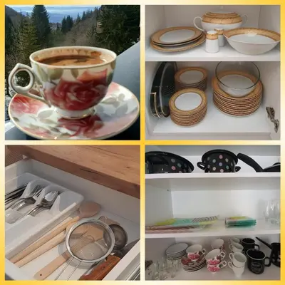 a collage of four pictures of a cup of coffee at Vila Irina Kopaonik - Apartman IN in Kopaonik