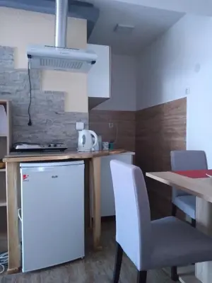 a kitchen with a table and a white refrigerator at Lela in Jošanička Banja