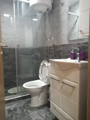 a bathroom with a toilet and a shower and a sink at Lela in Jošanička Banja