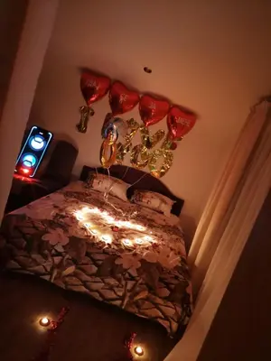 a bedroom with a bed with lights on it at Lela in Jošanička Banja