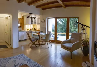 a kitchen and dining room with a table and chairs at 4Badgers / 4Jazavca - Mountain House in Kopaonik