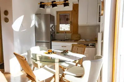a kitchen with a table and chairs and a refrigerator at 4Badgers / 4Jazavca - Mountain House in Kopaonik