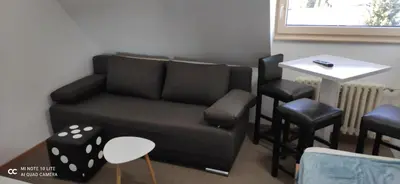 a living room with a couch and a table and chairs at Apartment Kockica Konaci in Kopaonik