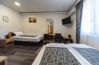 a room with two beds and a desk and a tv at Garni Hotel Mala Moskva in Bela Palanka
