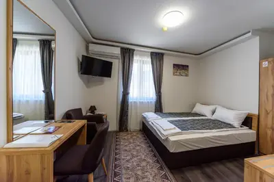 a hotel room with a bed and a desk at Garni Hotel Mala Moskva in Bela Palanka