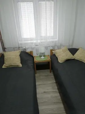 a bedroom with two beds and a table with a window at Vikendica Lep pogled in Rtanj