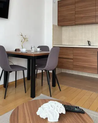 a dining room with a table and chairs and a kitchen at MILA in Vrnjačka Banja