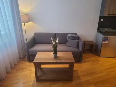 a living room with a couch and a coffee table at BELI VUK - Brzeće, Kopaonik in Brzeće