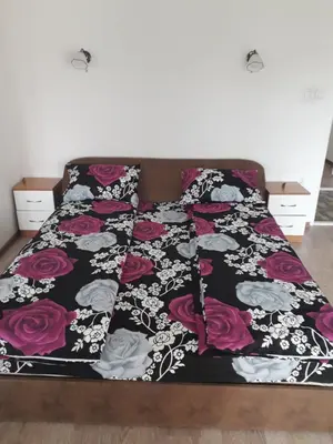 a bed with a black and pink blanket at Stan KALA in Vrnjačka Banja