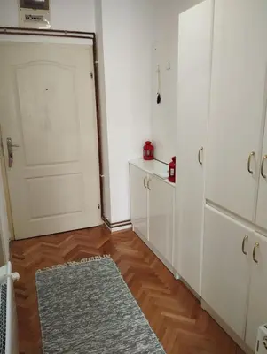 a room with a white door and a wooden floor at Apartman JELENA M Vrnjačka Banja in Vrnjačka Banja
