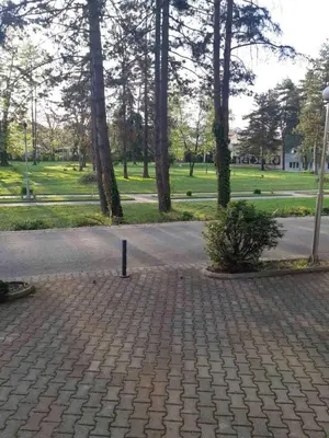 a brick path in a park with trees and grass at Apartman NIKOLIJA Vrnjačka Banja in Vrnjačka Banja