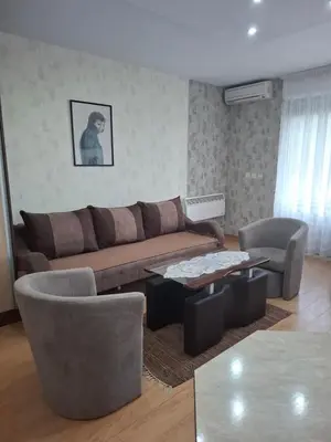 a living room with a couch and chairs and a table at Apartman NIKOLIJA Vrnjačka Banja in Vrnjačka Banja