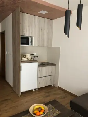 a kitchen with a bowl of fruit on a table at Apartmani Vidatela Kopaonik in Kopaonik