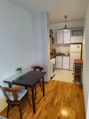 a kitchen with a table and chairs in a room at Apartman Aleksic in Niš