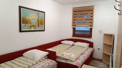 a small room with a bed and a window at Vila Suri Centar in Kopaonik