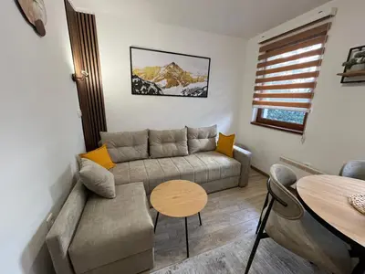 a living room with a couch and a table at Vila Suri Centar in Kopaonik