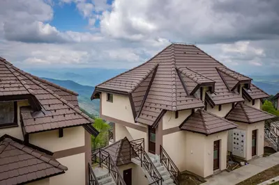 a building with a roof with mountains in the background at Apartments View Dvori E25 in Kopaonik