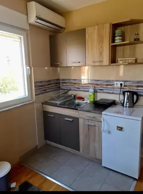a kitchen with a sink and a white refrigerator at SOGNI D'ORO in Niš