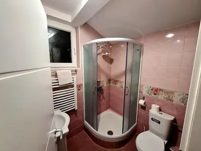 a bathroom with a shower and a toilet in it at SOGNI D'ORO in Niš