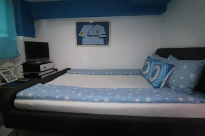 a bedroom with a bed with a blue head board at Vila Mala Evropa in Leskovac