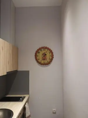 a clock hanging on a wall in a kitchen at Lonka apartman Kopaonik in Kopaonik