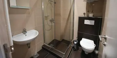a bathroom with a shower and a toilet and a sink at Lonka apartman Kopaonik in Kopaonik
