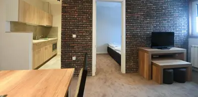 a room with a kitchen with a brick wall at Lonka apartman Kopaonik in Kopaonik