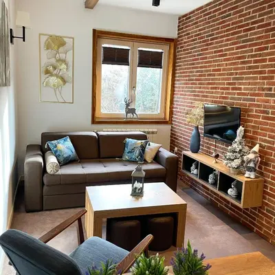 a living room with a couch and a brick wall at The Nest Apartman, Župa Wellness & Spa Kopaonik in Kopaonik