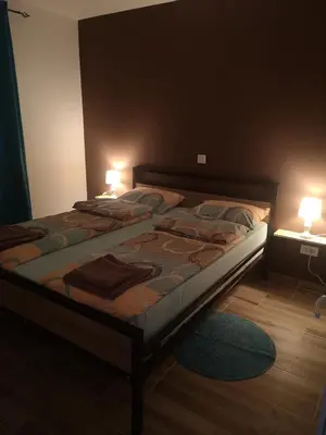 a bedroom with a bed with two lights on it at Blue Lagoon Apartments in Crni Vrh