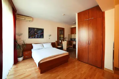 a bedroom with a bed and a kitchen at Dental apartman in Vrnjačka Banja