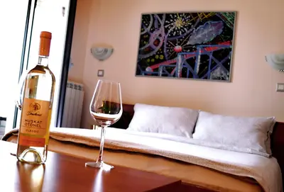 a bottle of wine and a glass on a table at Dental apartman in Vrnjačka Banja