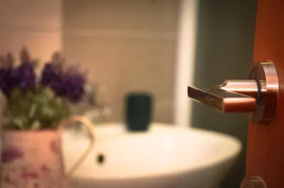 a bathroom sink with a vase of purple flowers at Apartman La Casa Di Elena in Vrnjačka Banja