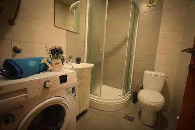 a bathroom with a shower toilet and a washing machine at Apartman La Casa Di Elena in Vrnjačka Banja