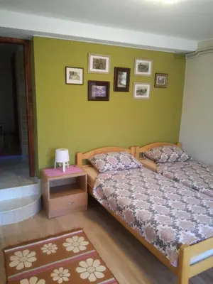 a bedroom with two beds and a night stand with a nightstand at Apartman Bilja in Vrnjačka Banja