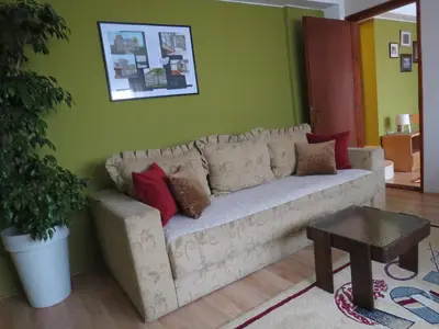 a living room with a couch with pillows on it at Apartman Bilja in Vrnjačka Banja