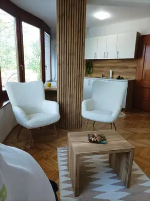 a living room with two chairs and a coffee table at Apartman Rajska Banja in Vrnjačka Banja