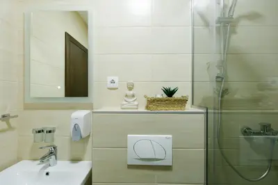 a bathroom with a shower and a sink and a mirror at Apartmani Veselinović in Vrnjačka Banja