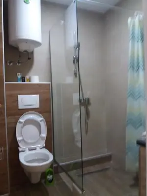 a bathroom with a toilet and a glass shower at MILMARI APARTMAN P03 in Kopaonik