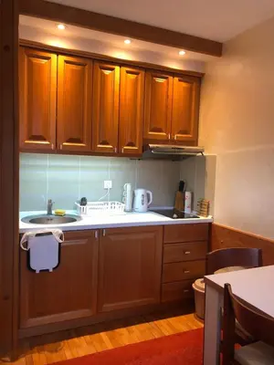 a kitchen with wooden cabinets and a sink at Apartman 602 in Kopaonik