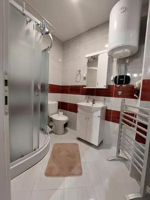 a bathroom with a shower and a toilet and a sink at Apartman ST.Nedeljkovic Sokobanja in Soko Banja