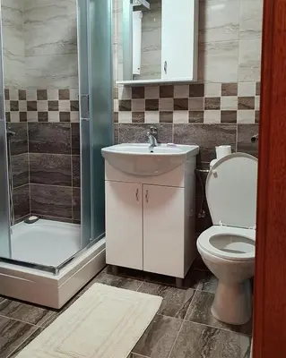 a bathroom with a toilet and a sink and a shower at LILAC Apartment in Vrnjačka Banja