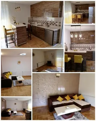 four pictures of a kitchen and a living room at Apartman Jasna in Vrnjci