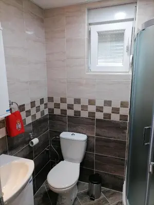 a bathroom with a toilet and a sink and a window at Apartman Jasna in Vrnjci