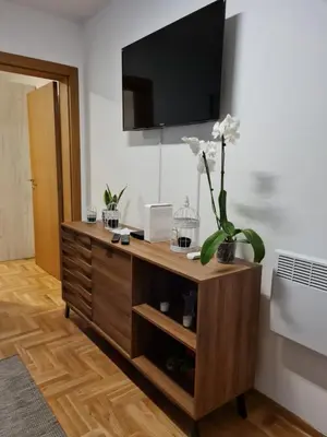 a wooden cabinet with a tv on top of it at Apartman TIM LUX 2 in Vrnjačka Banja